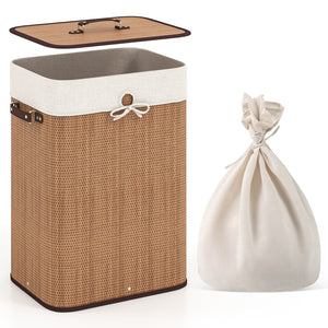 19 Gal Rectangle Laundry Basket Bamboo Clothes Hamper with Handles and Lid-Yellow view 4