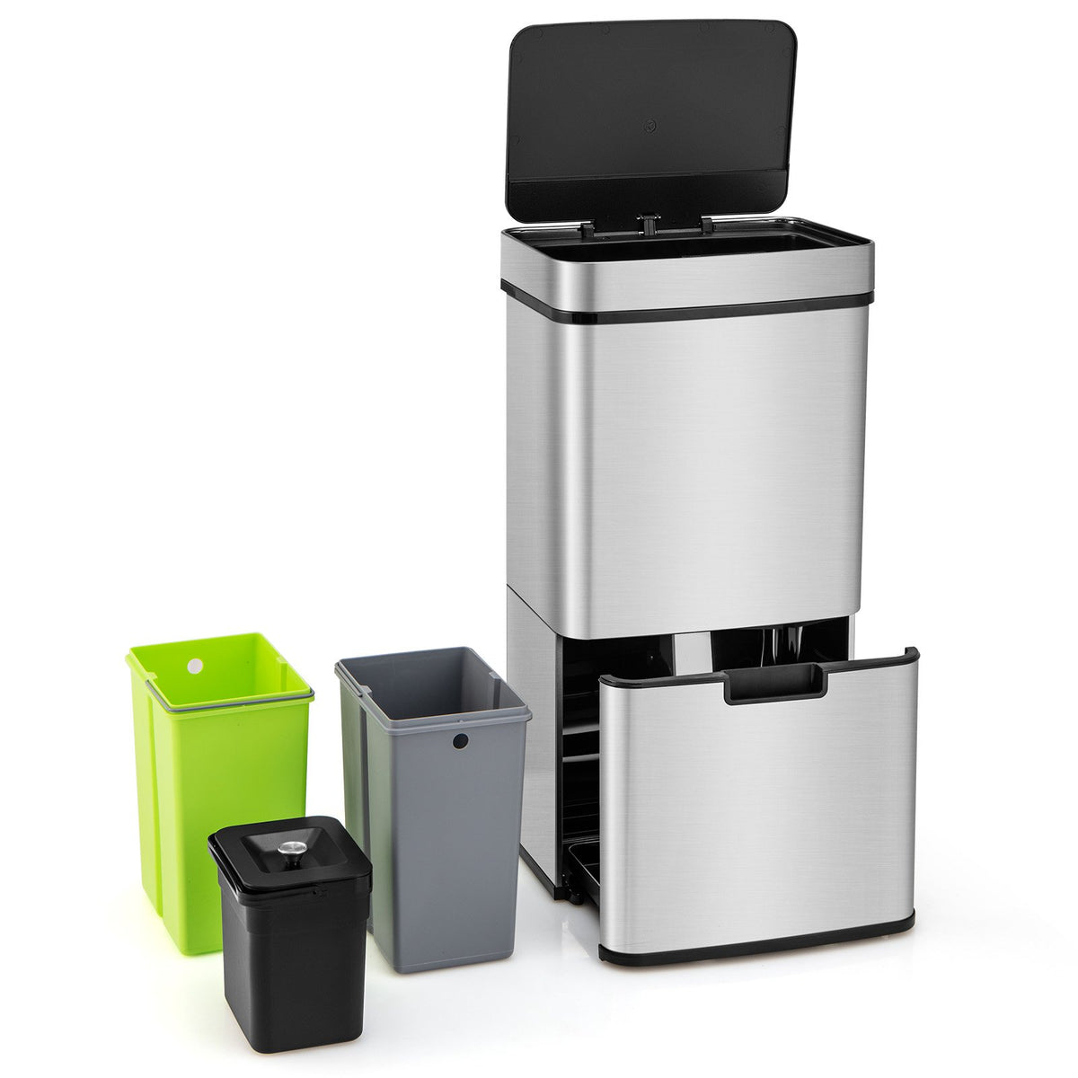 19 Gal Stainless Steel Trash Can with Kitchen Waste Bin and 2 Bottom Recycling Bins-Silver view 3