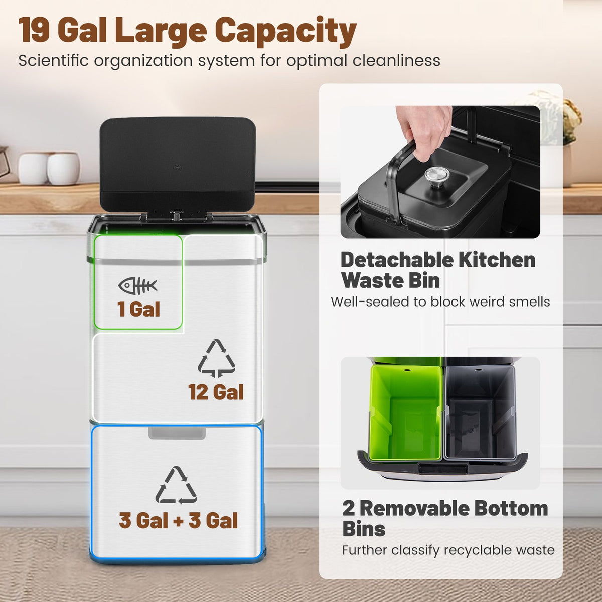 19 Gal Stainless Steel Trash Can with Kitchen Waste Bin and 2 Bottom Recycling Bins-Silver view 5