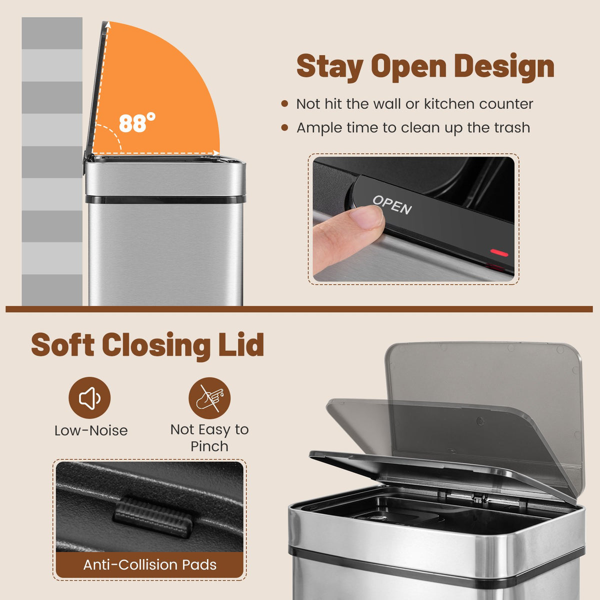 19 Gal Stainless Steel Trash Can with Kitchen Waste Bin and 2 Bottom Recycling Bins-Silver view 7