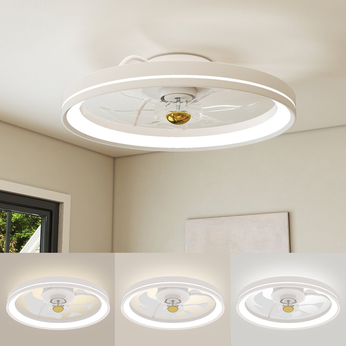 19 Inch Ceiling Fan Low Profile Flush Mount Fan with 3000-6500K Dimmable LED-White view 3