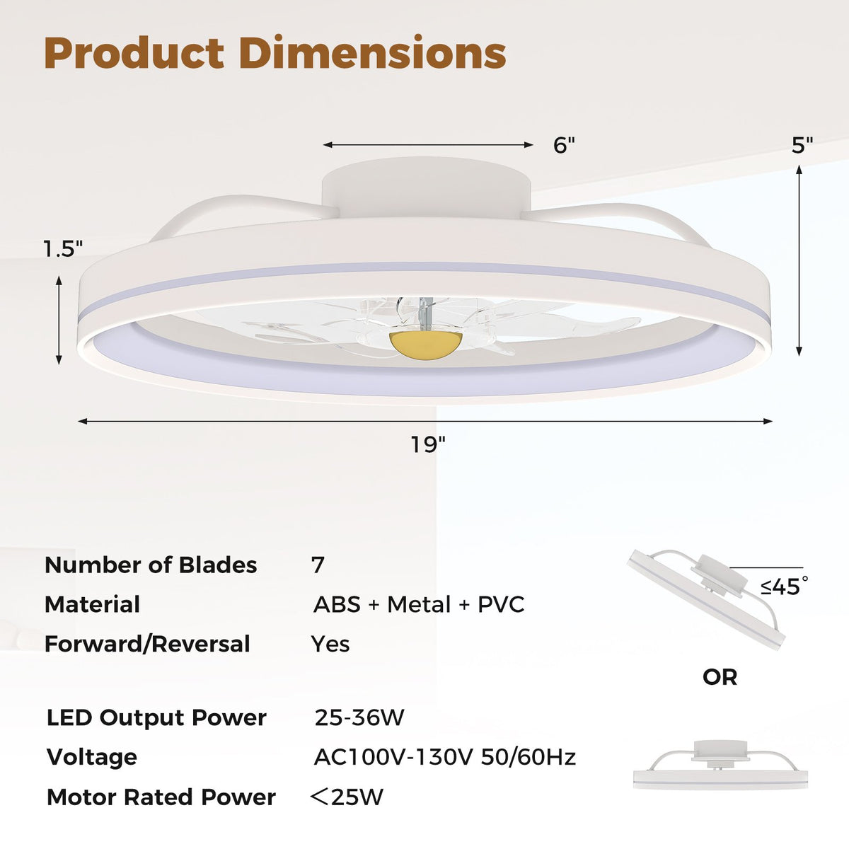 19 Inch Ceiling Fan Low Profile Flush Mount Fan with 3000-6500K Dimmable LED-White view 4