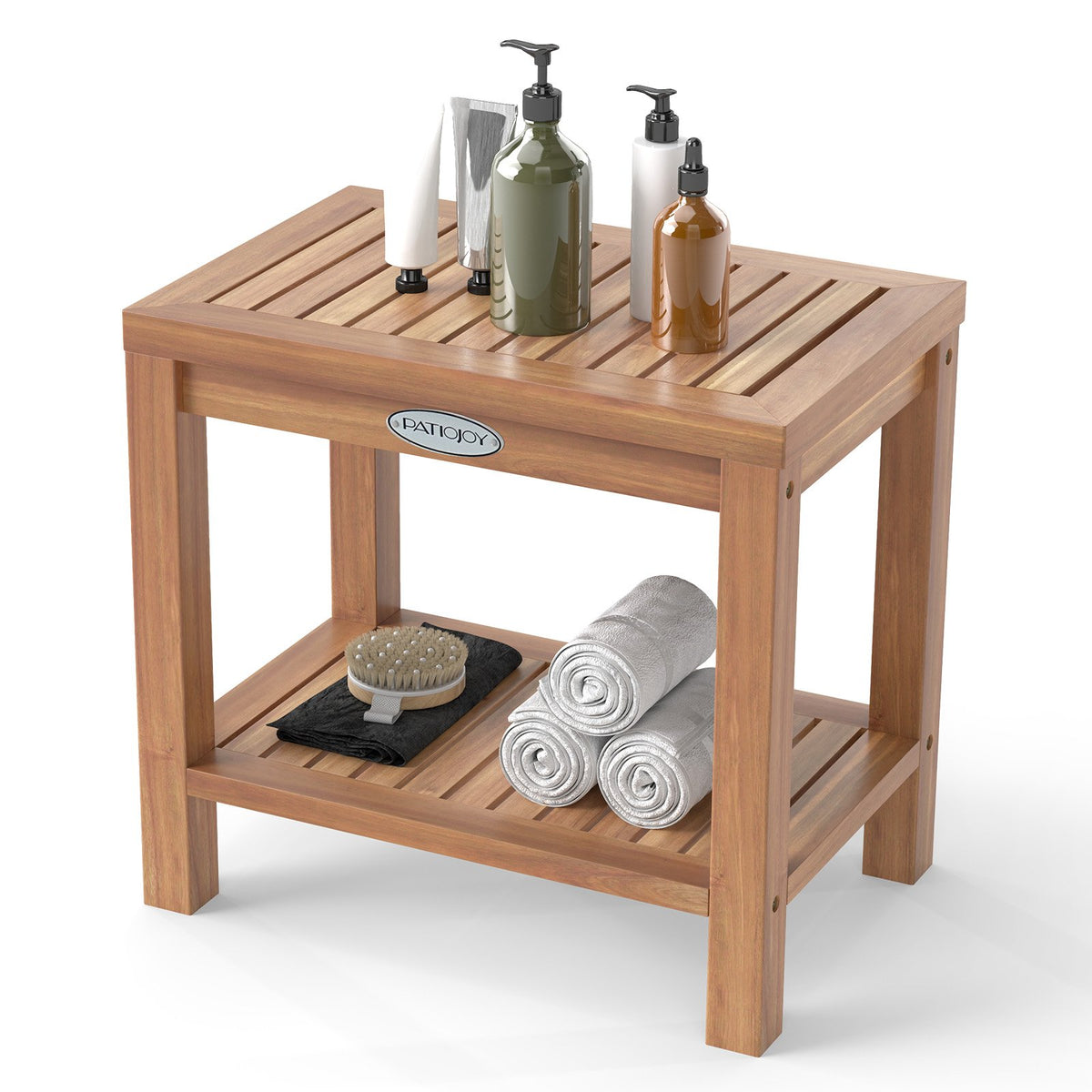 19 Inch Teak Wood Shower Bench Inside Shower Stool with Storage Shelf view 4