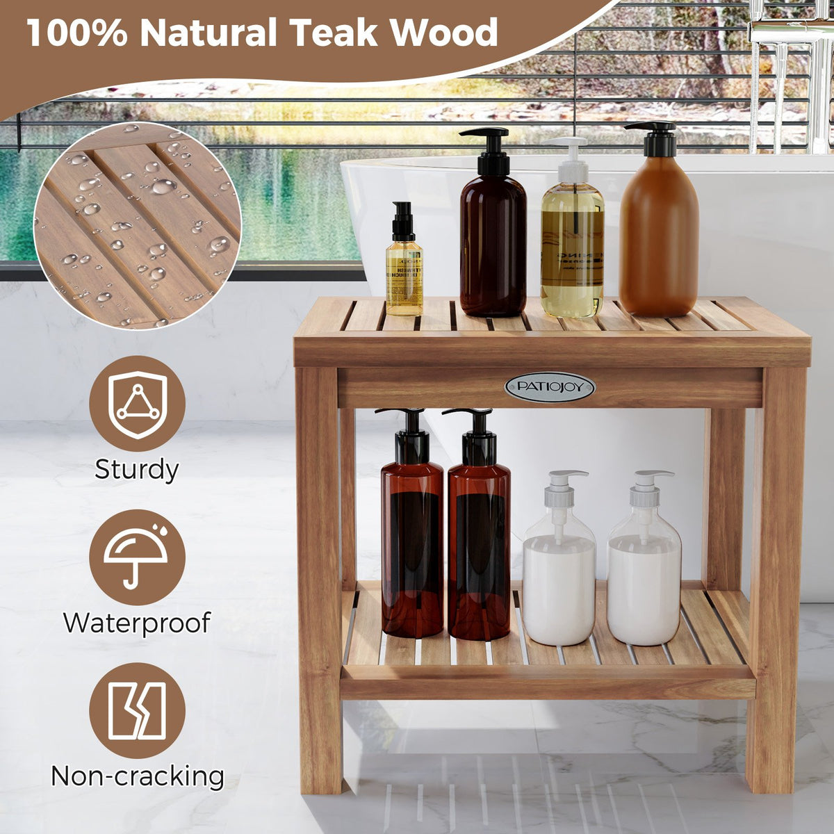 19 Inch Teak Wood Shower Bench Inside Shower Stool with Storage Shelf view 7