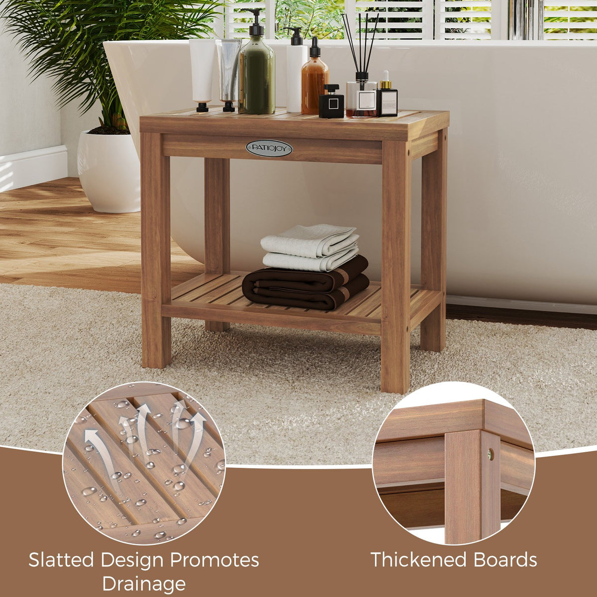 19 Inch Teak Wood Shower Bench Inside Shower Stool with Storage Shelf view 8