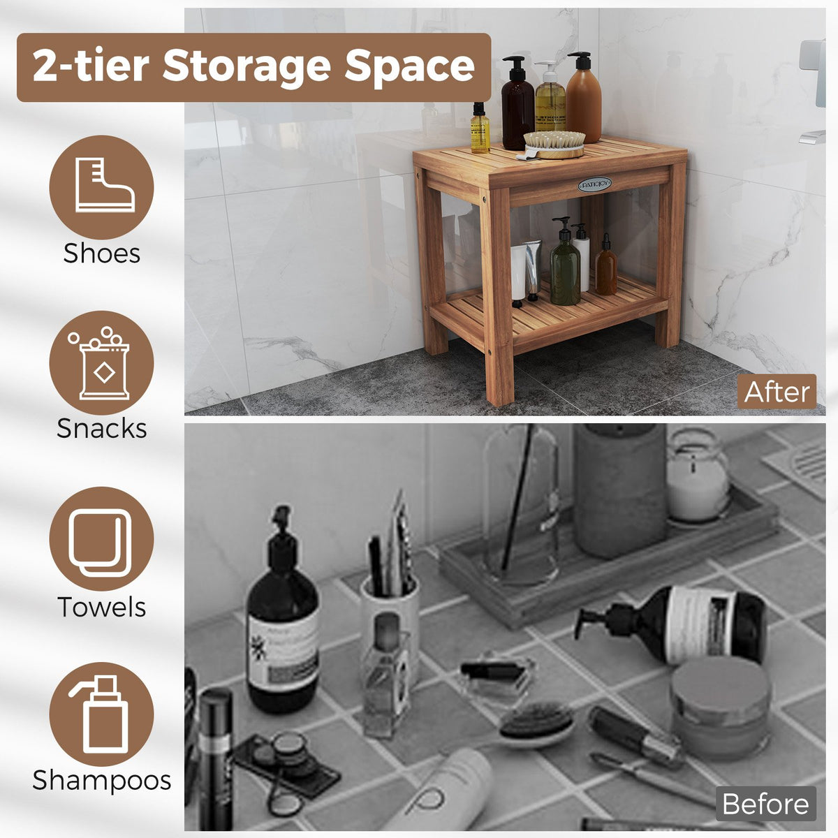 19 Inch Teak Wood Shower Bench Inside Shower Stool with Storage Shelf view 9