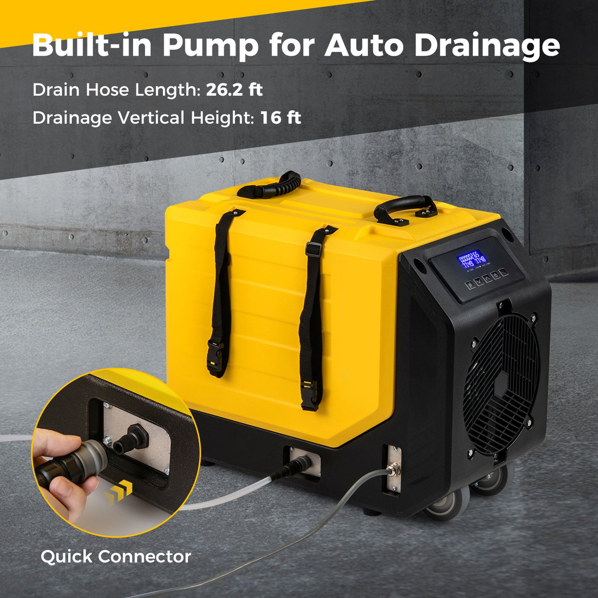 190 PPD Commercial Dehumidifier with Pump and 2 Wheels-Yellow view 2