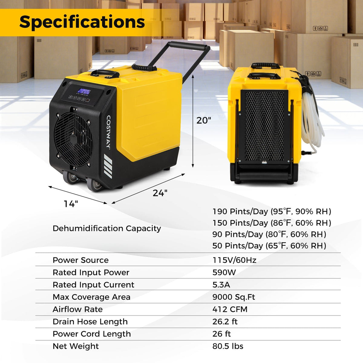 190 PPD Commercial Dehumidifier with Pump and 2 Wheels-Yellow view 4