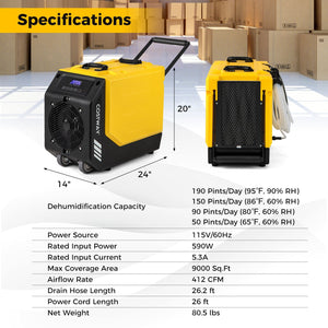 190 PPD Commercial Dehumidifier with Pump and 2 Wheels-Yellow view 4