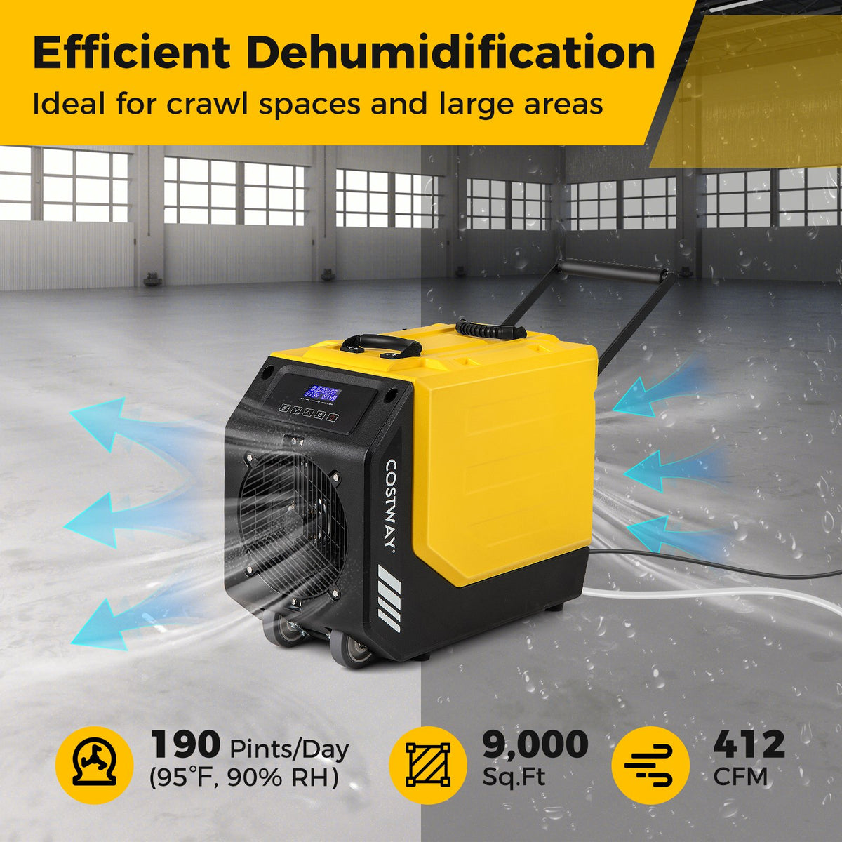 190 PPD Commercial Dehumidifier with Pump and 2 Wheels-Yellow view 5