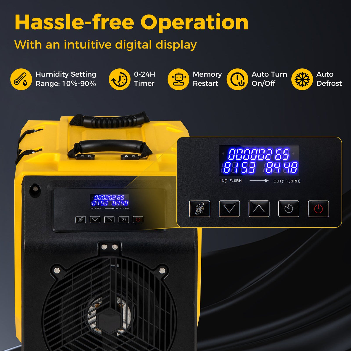 190 PPD Commercial Dehumidifier with Pump and 2 Wheels-Yellow view 7