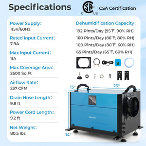 192 Pint Crawl Space Dehumidifier with 3 Modes and 24H Timer-Blue view 3
