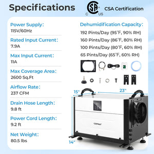 192 Pint Crawl Space Dehumidifier with 3 Modes and 24H Timer-White view 3