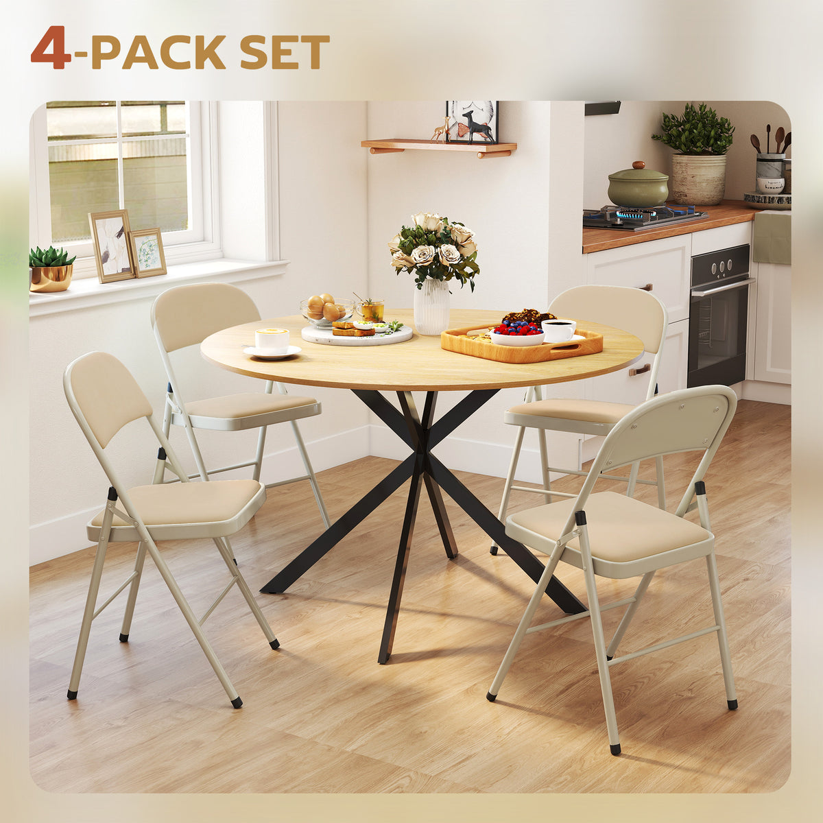 4 Pack Folding Chairs with Padded Seats, Velvet Portable Party Chairs with Steel Frame, Beige – view 3