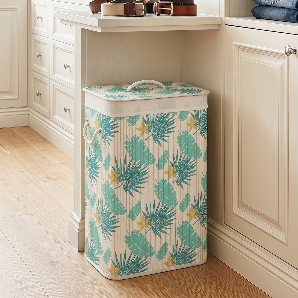 19 Gal Bamboo Clothes Hamper with Removable Liner and Portable Handles-Green view 2