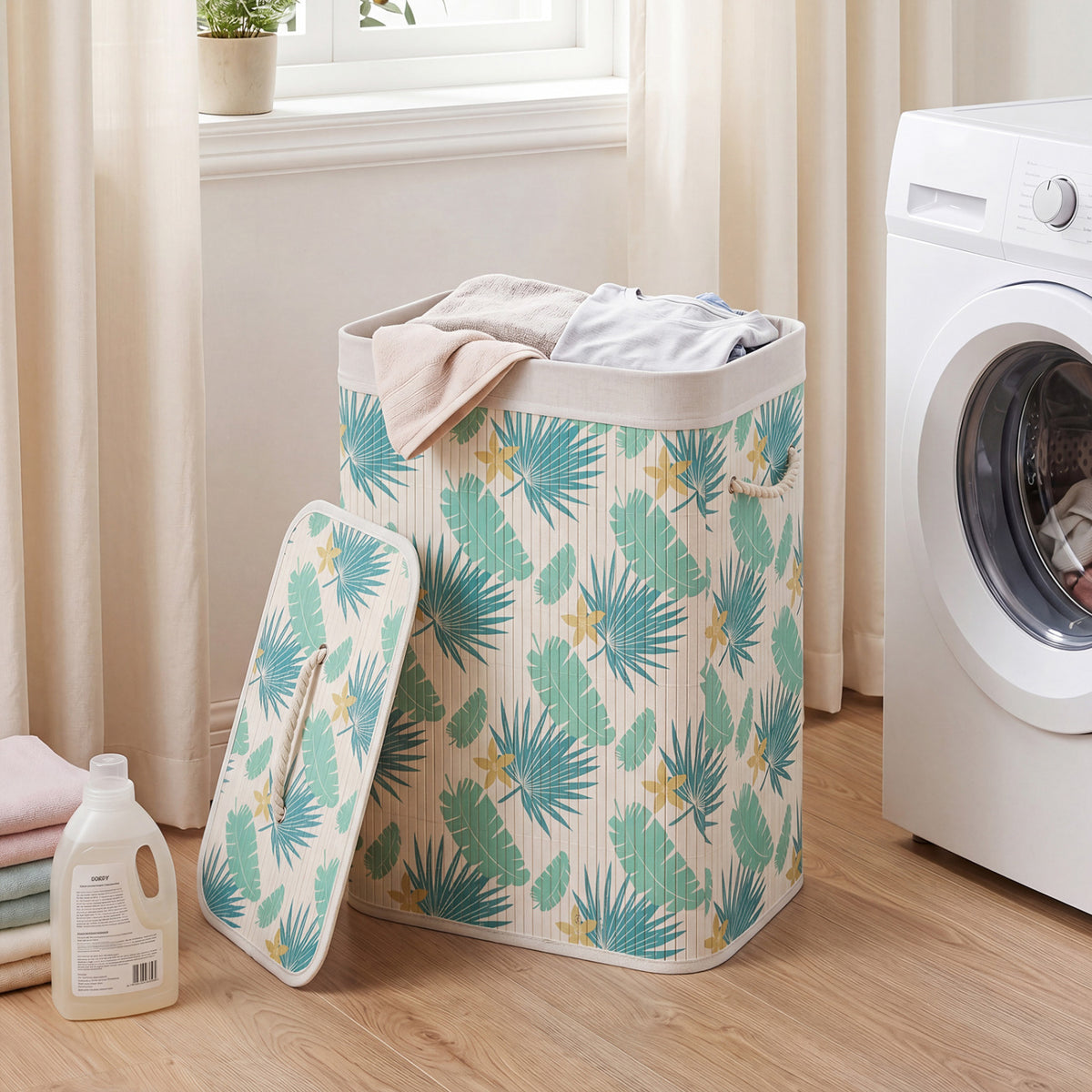 19 Gal Bamboo Clothes Hamper with Removable Liner and Portable Handles-Green view 3