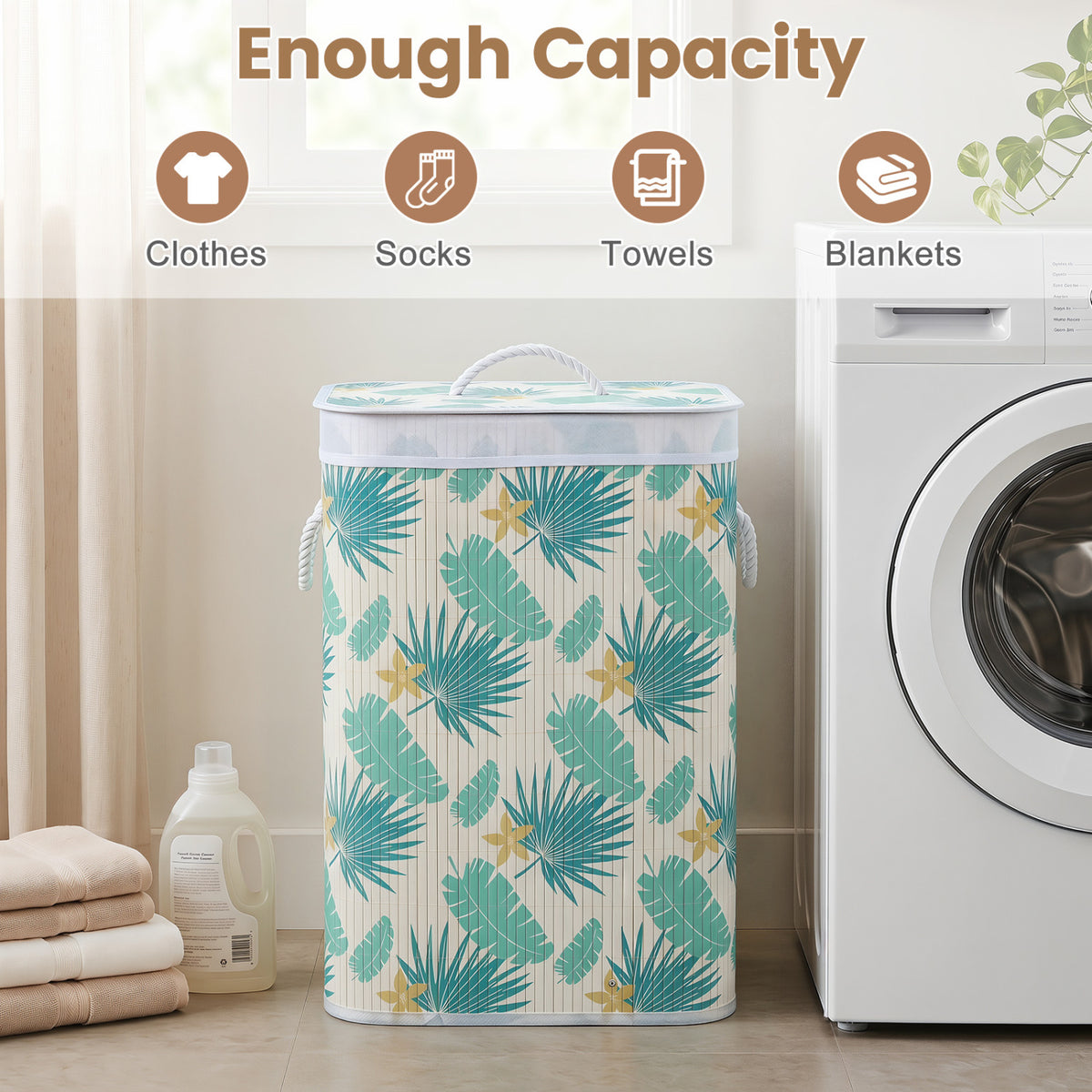 19 Gal Bamboo Clothes Hamper with Removable Liner and Portable Handles-Green view 7