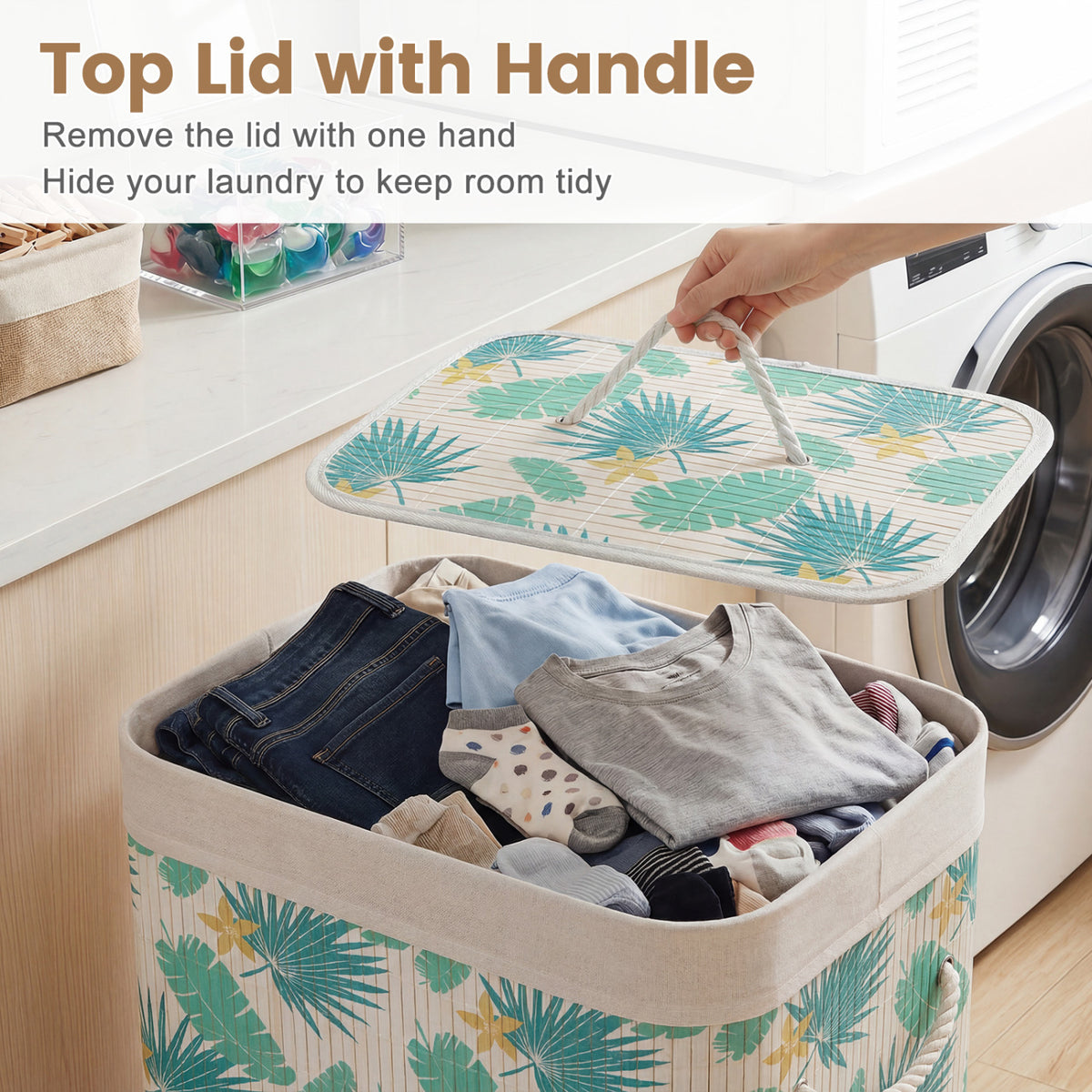 19 Gal Bamboo Clothes Hamper with Removable Liner and Portable Handles-Green view 9