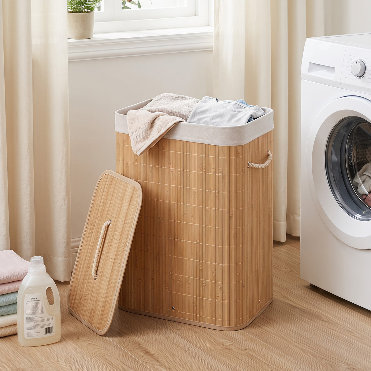 19 Gal Bamboo Clothes Hamper with Removable Liner and Portable Handles-Natrual view 2