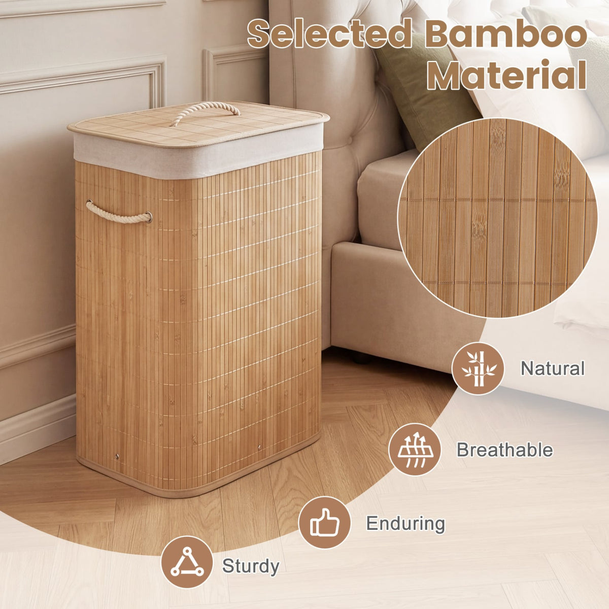 19 Gal Bamboo Clothes Hamper with Removable Liner and Portable Handles-Natrual view 6