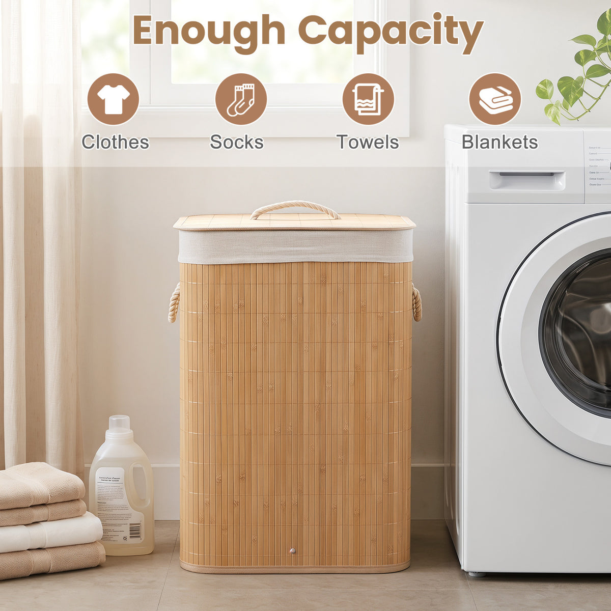 19 Gal Bamboo Clothes Hamper with Removable Liner and Portable Handles-Natrual view 7
