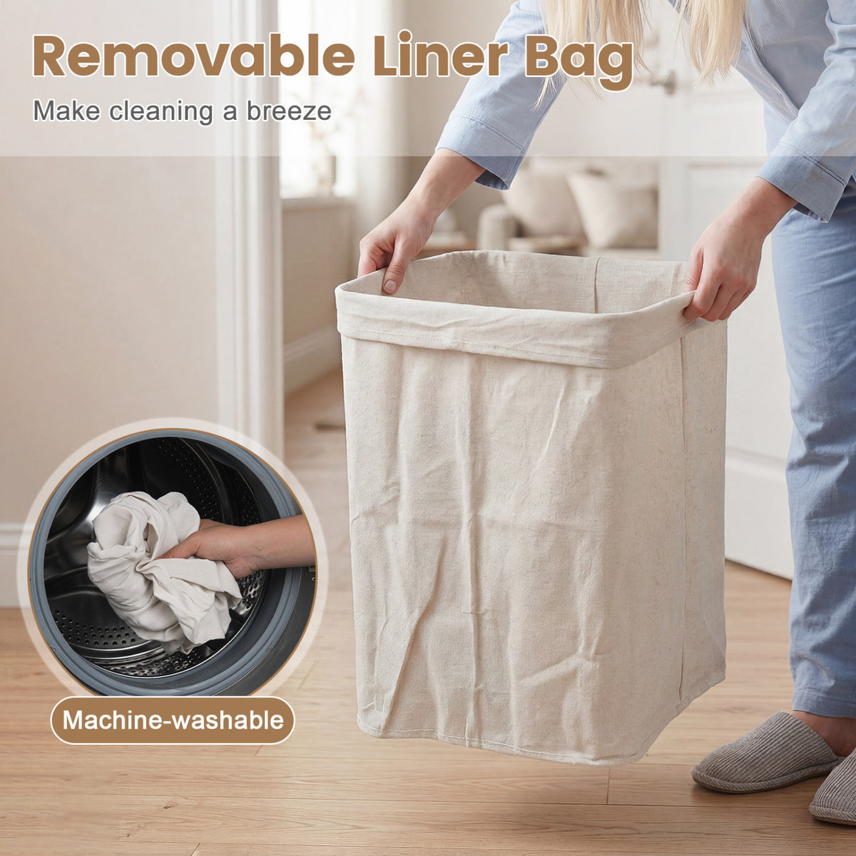 19 Gal Bamboo Clothes Hamper with Removable Liner and Portable Handles-Natrual view 8