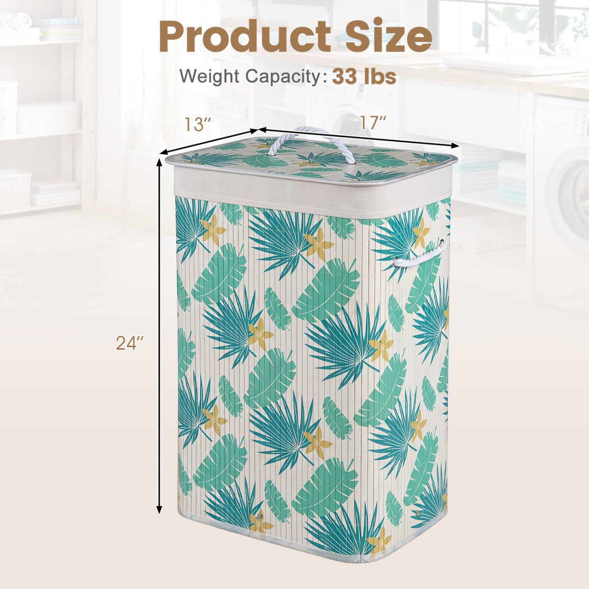 19 Gal Bamboo Clothes Hamper with Removable Liner and Portable Handles-Green view 5