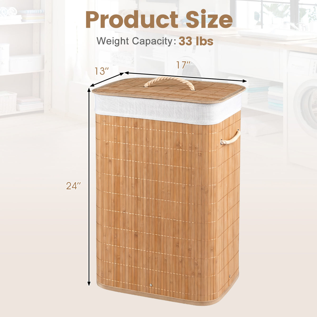 19 Gal Bamboo Clothes Hamper with Removable Liner and Portable Handles-Natrual view 5