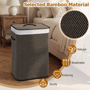 19 Gal Capacity Bamboo Clothes Hamper with Removable Liner and Portable Handles-Black view 6