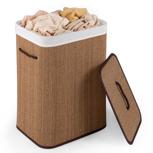 19 Gal Capacity Bamboo Clothes Hamper with Removable Liner and Portable Handles-Brown