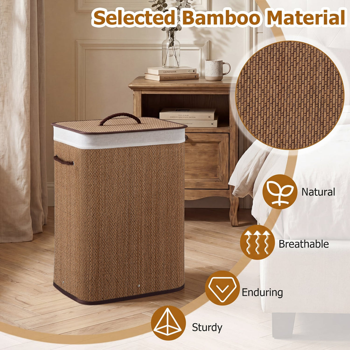 19 Gal Capacity Bamboo Clothes Hamper with Removable Liner and Portable Handles-Brown view 6