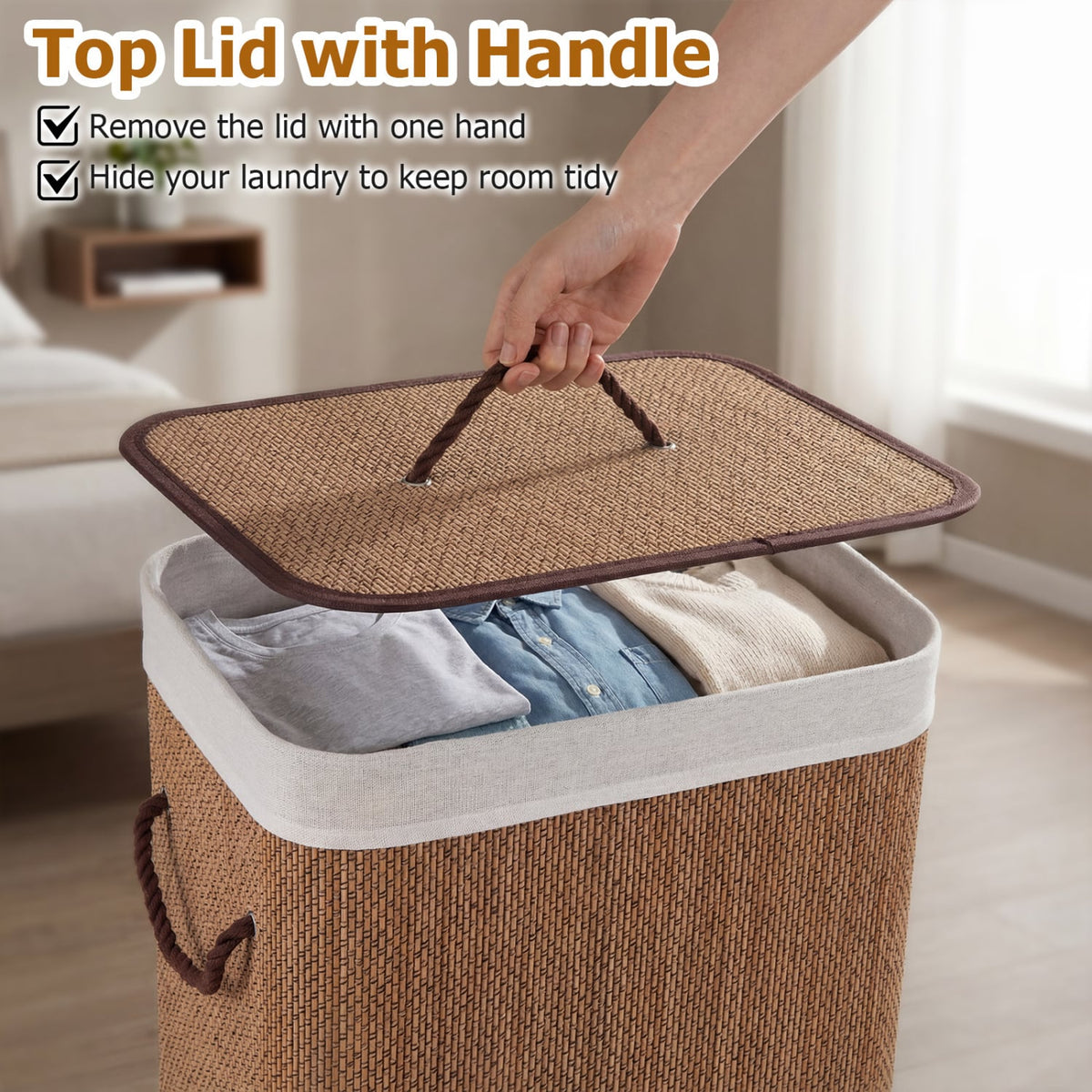 19 Gal Capacity Bamboo Clothes Hamper with Removable Liner and Portable Handles-Brown view 9