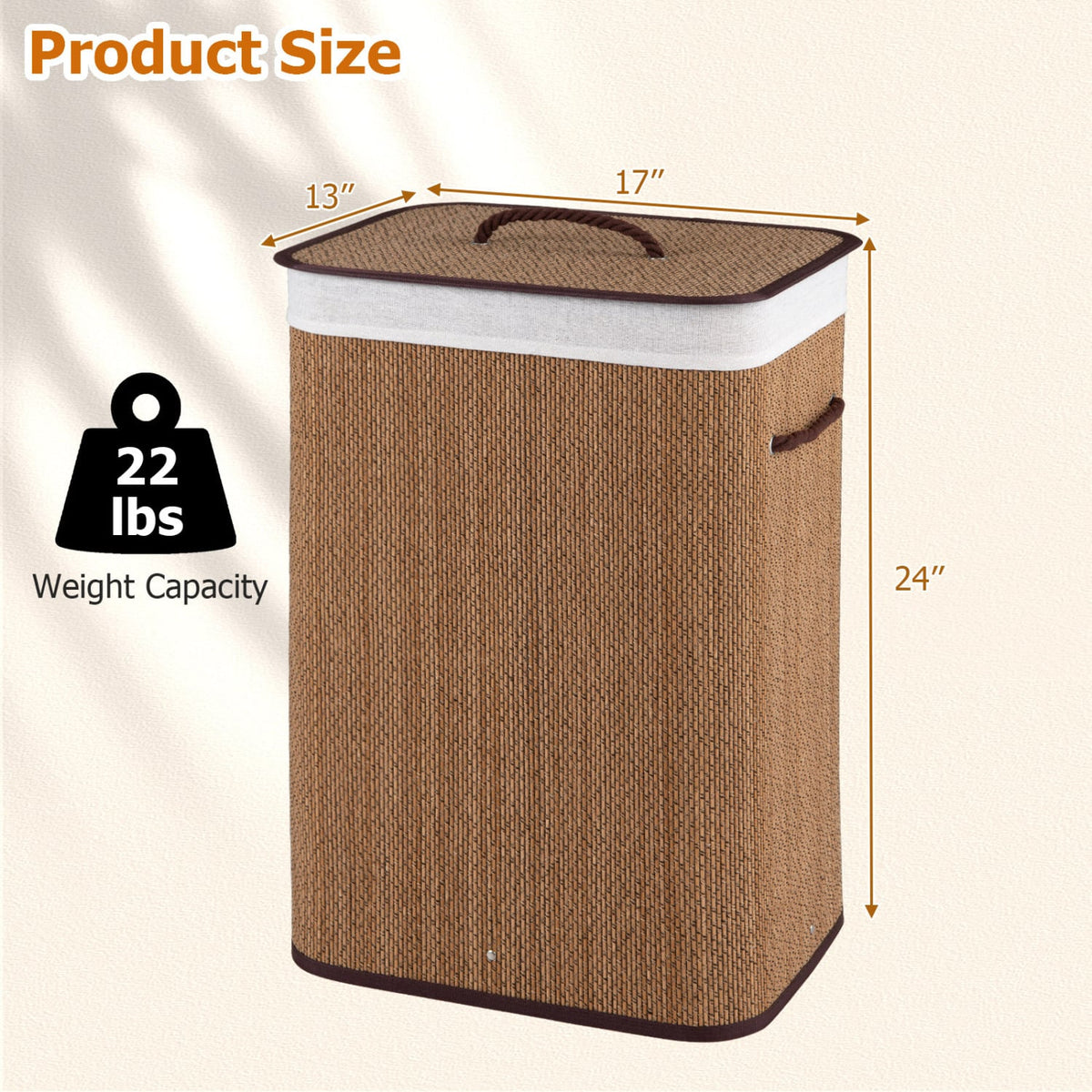 19 Gal Capacity Bamboo Clothes Hamper with Removable Liner and Portable Handles-Brown view 5