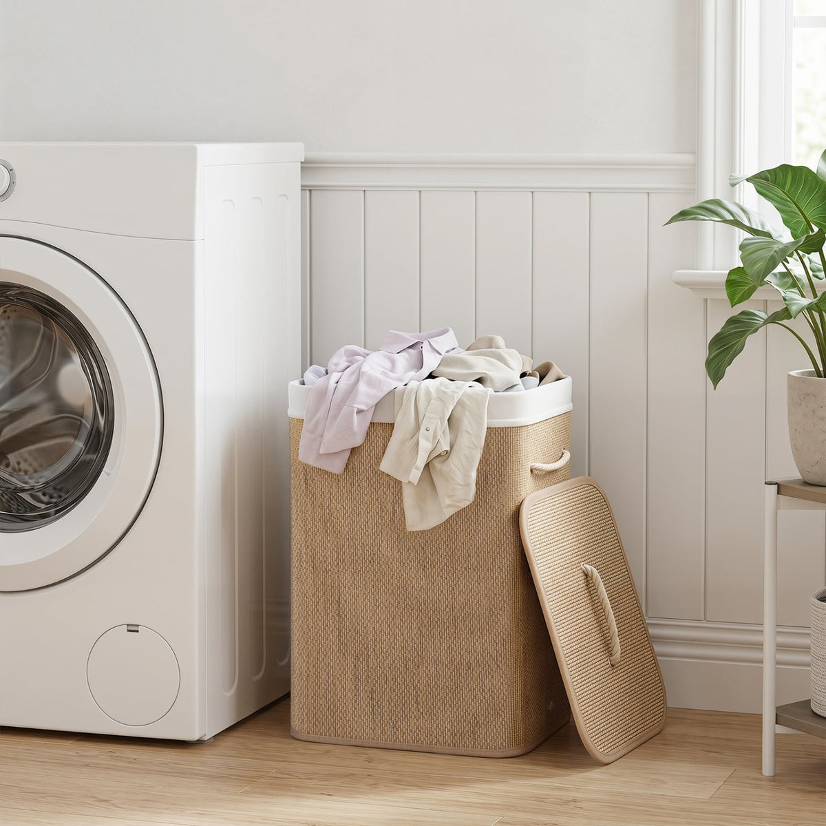 19 Gal Capacity Bamboo Clothes Hamper with Removable Liner and Portable Handles-Natrual view 2