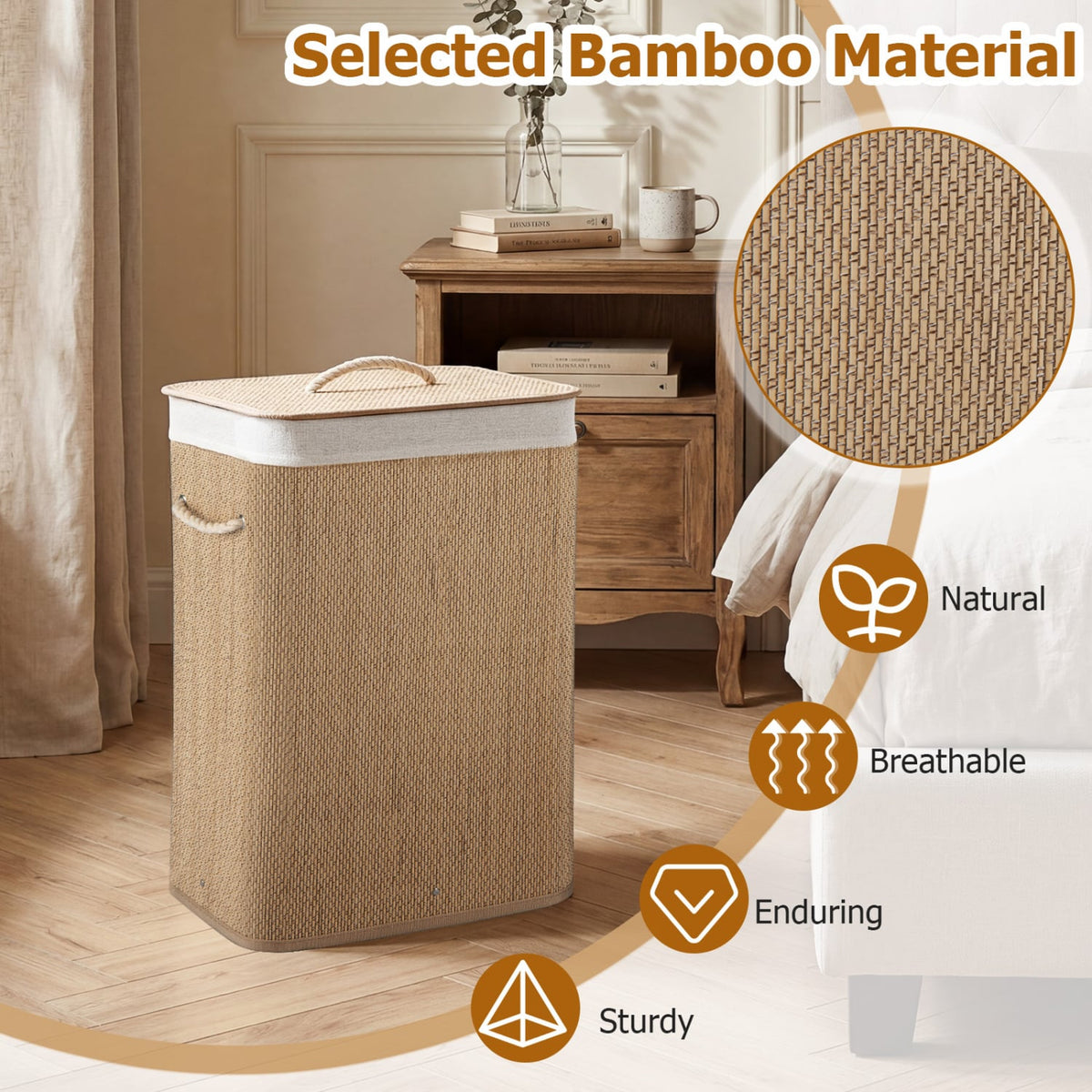 19 Gal Capacity Bamboo Clothes Hamper with Removable Liner and Portable Handles-Natrual view 6