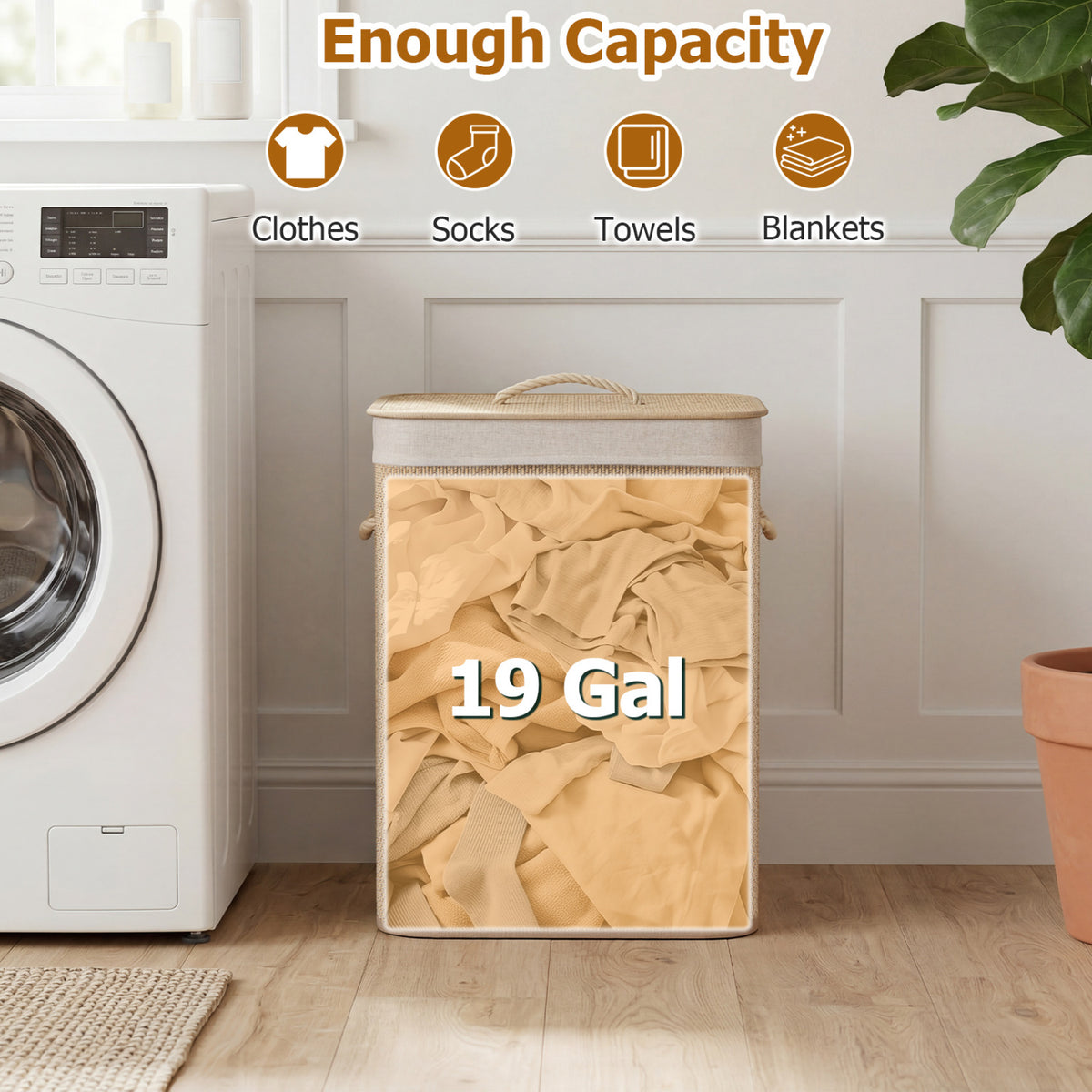 19 Gal Capacity Bamboo Clothes Hamper with Removable Liner and Portable Handles-Natrual view 7