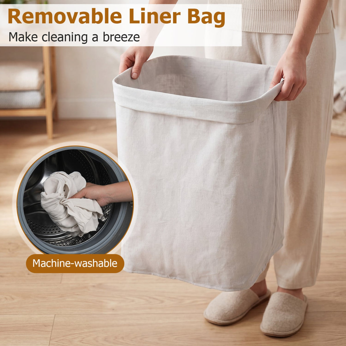 19 Gal Capacity Bamboo Clothes Hamper with Removable Liner and Portable Handles-Natrual view 8