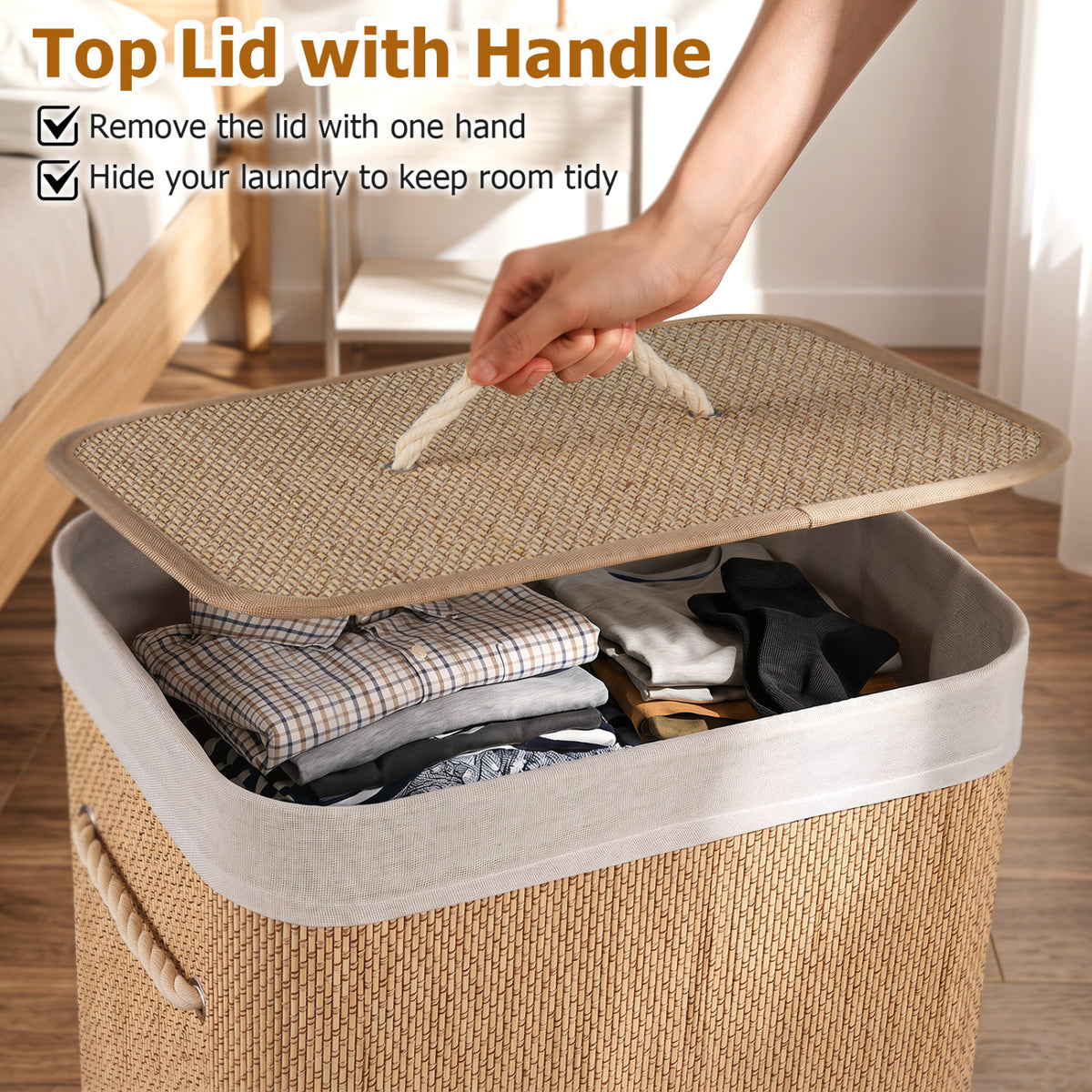 19 Gal Capacity Bamboo Clothes Hamper with Removable Liner and Portable Handles-Natrual view 9