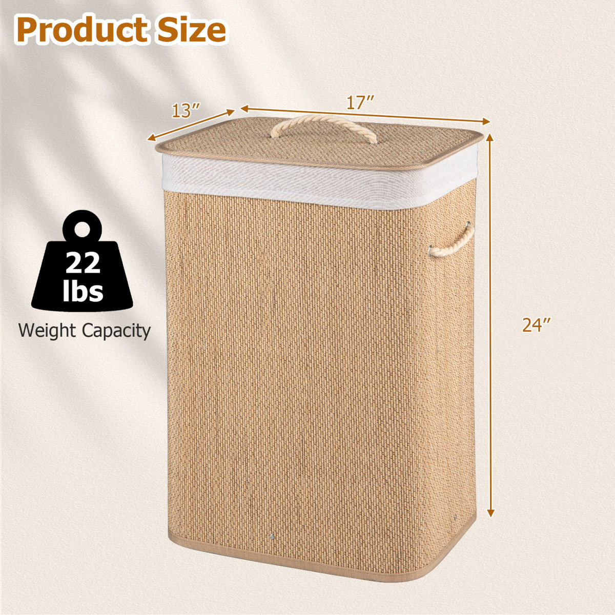 19 Gal Capacity Bamboo Clothes Hamper with Removable Liner and Portable Handles-Natrual view 5