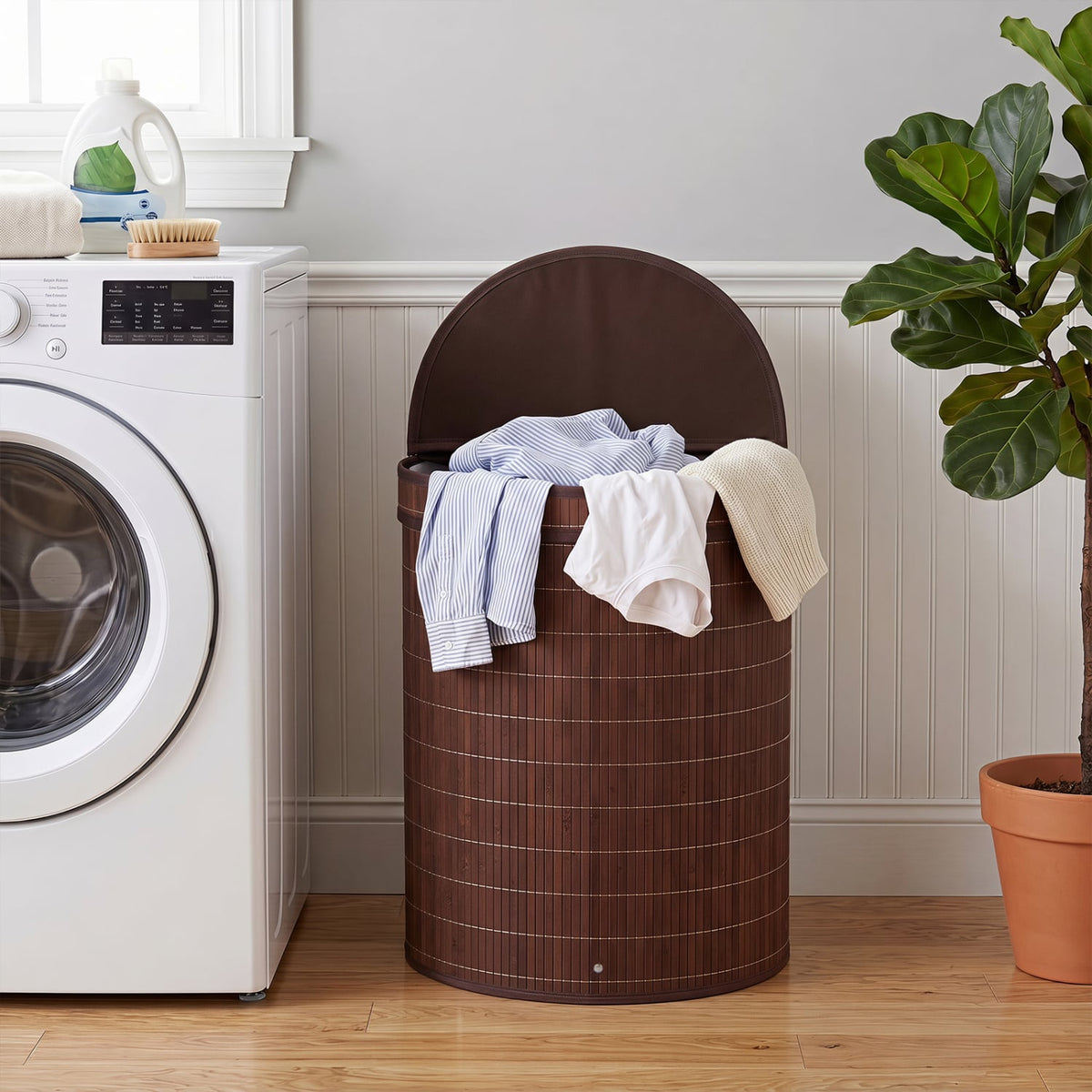 19 Gal Capacity Bamboo Laundry Hamper with Zippered Lid-Brown view 2