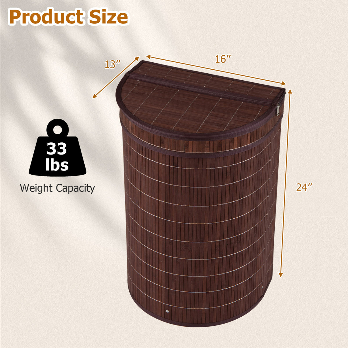 19 Gal Capacity Bamboo Laundry Hamper with Zippered Lid-Brown view 5