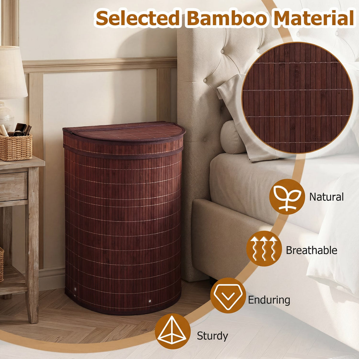 19 Gal Capacity Bamboo Laundry Hamper with Zippered Lid-Brown view 6