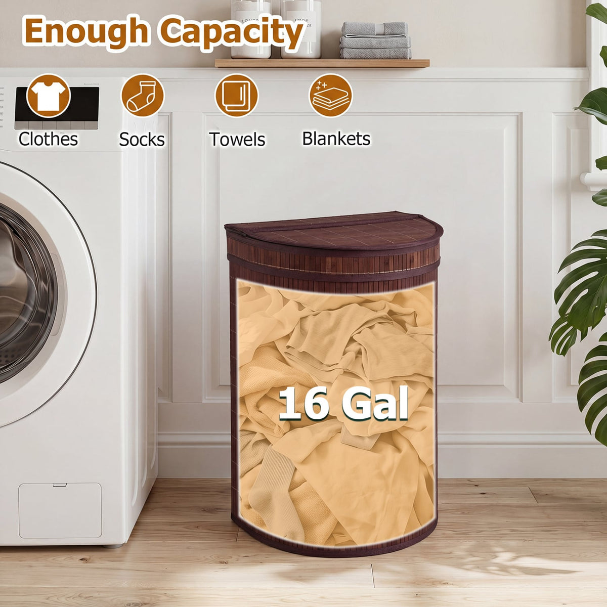 19 Gal Capacity Bamboo Laundry Hamper with Zippered Lid-Brown view 7