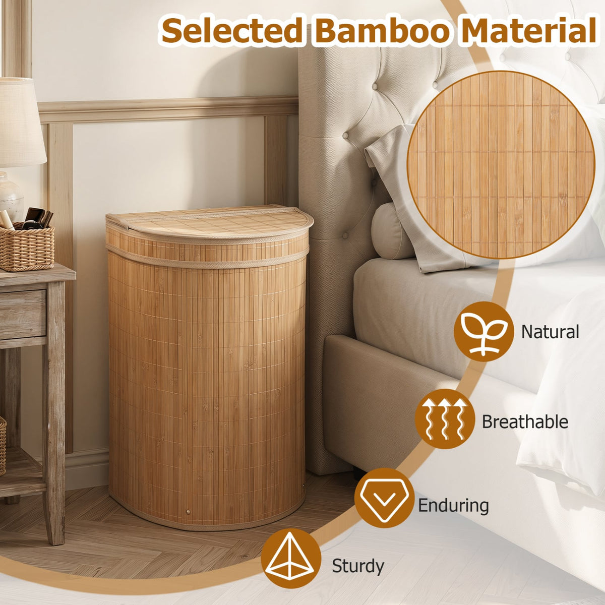 19 Gal Capacity Bamboo Laundry Hamper with Zippered Lid-Natural view 6