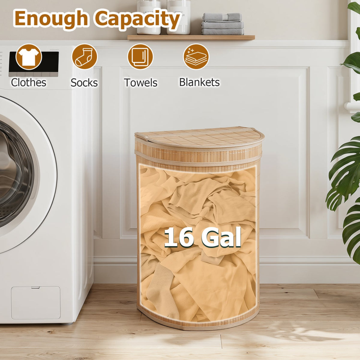 19 Gal Capacity Bamboo Laundry Hamper with Zippered Lid-Natural view 7