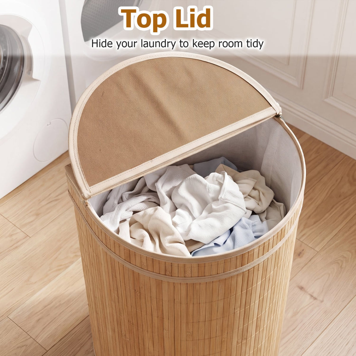 19 Gal Capacity Bamboo Laundry Hamper with Zippered Lid-Natural view 9