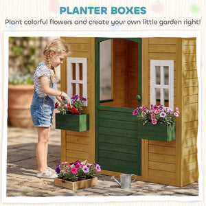 Qaba Outdoor Playhouse, Wooden Kids Playhouse with Door, 3 Windows, 2 Flower Boxes for Garden, Indoor Playroom, Ages 3–8