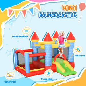 Qaba 9.2 x 9.5FT Bounce House, 4 in 1 Inflatable Bouncy Castle for Kids With Trampoline, Slide, Water Pool, Basket, Blower