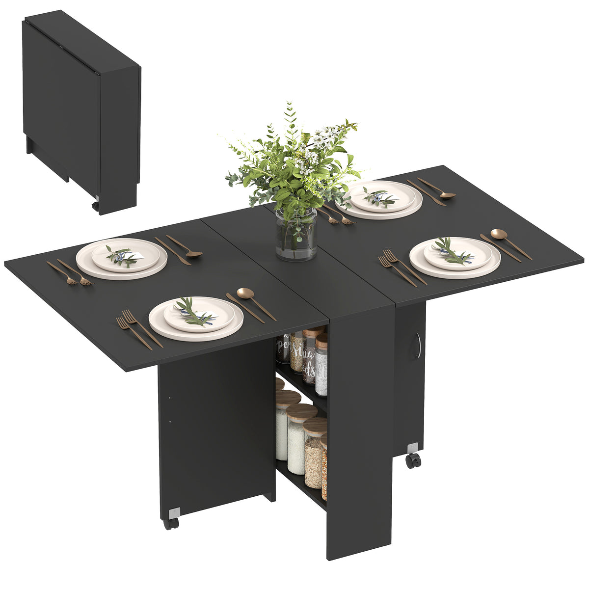 Extendable Dining Table, Collapsible Folding Table w/ 2-tier Shelves and Rolling Casters, Black