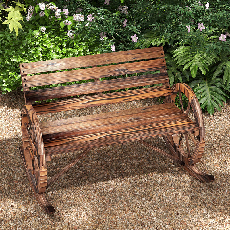 Rocking Outdoor Bench, Wood Outdoor Loveseat with Wagon Wheel Armrests, Carbonized